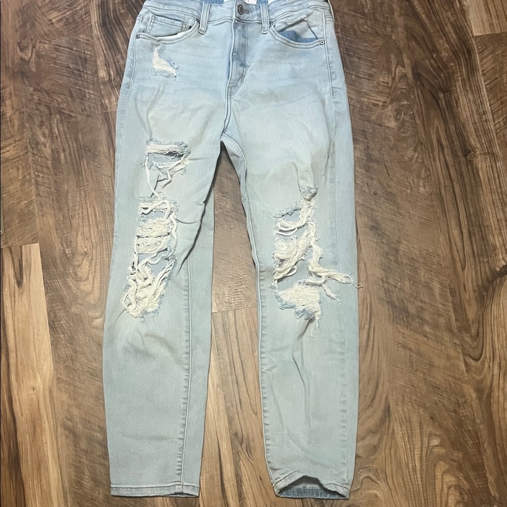 Eunina Sky Blue Ripped Super High Rise Ankle Mom Jean